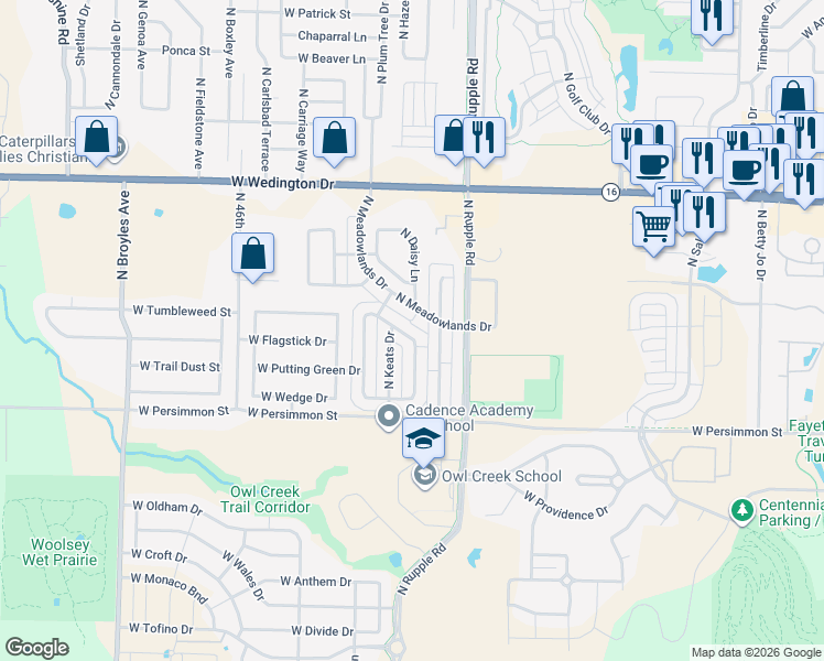 map of restaurants, bars, coffee shops, grocery stores, and more near 612 North Tennyson Lane in Fayetteville