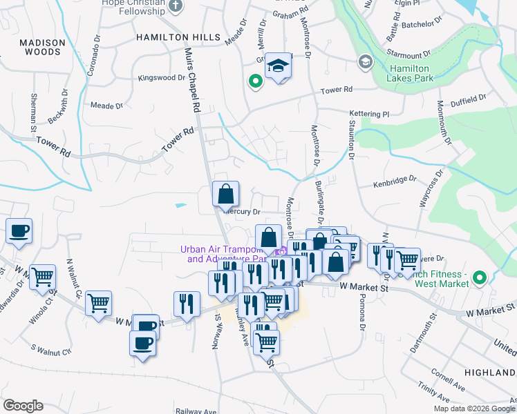 map of restaurants, bars, coffee shops, grocery stores, and more near 4616 Mercury Drive in Greensboro