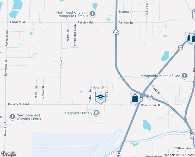 map of restaurants, bars, coffee shops, grocery stores, and more near 1406 Daniel Drive in Paragould