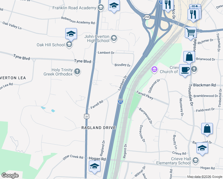 map of restaurants, bars, coffee shops, grocery stores, and more near 714 Farrell Road in Nashville