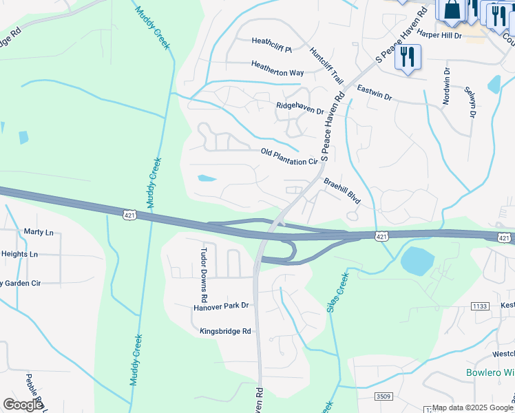 map of restaurants, bars, coffee shops, grocery stores, and more near 5203 Ivy Ridge Lane in Winston-Salem