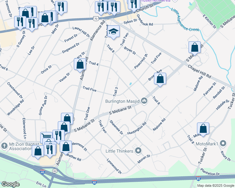 map of restaurants, bars, coffee shops, grocery stores, and more near 313 Trail 4 in Burlington