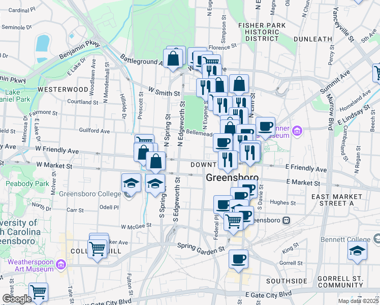 map of restaurants, bars, coffee shops, grocery stores, and more near 426 West Friendly Avenue in Greensboro