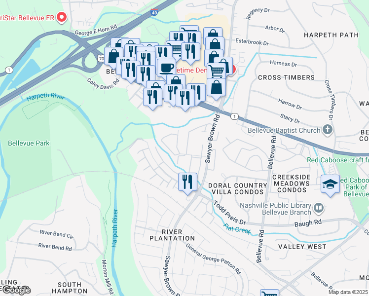 map of restaurants, bars, coffee shops, grocery stores, and more near 615 Plantation Court in Nashville
