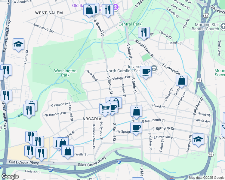 map of restaurants, bars, coffee shops, grocery stores, and more near 119 Gloria Avenue in Winston-Salem
