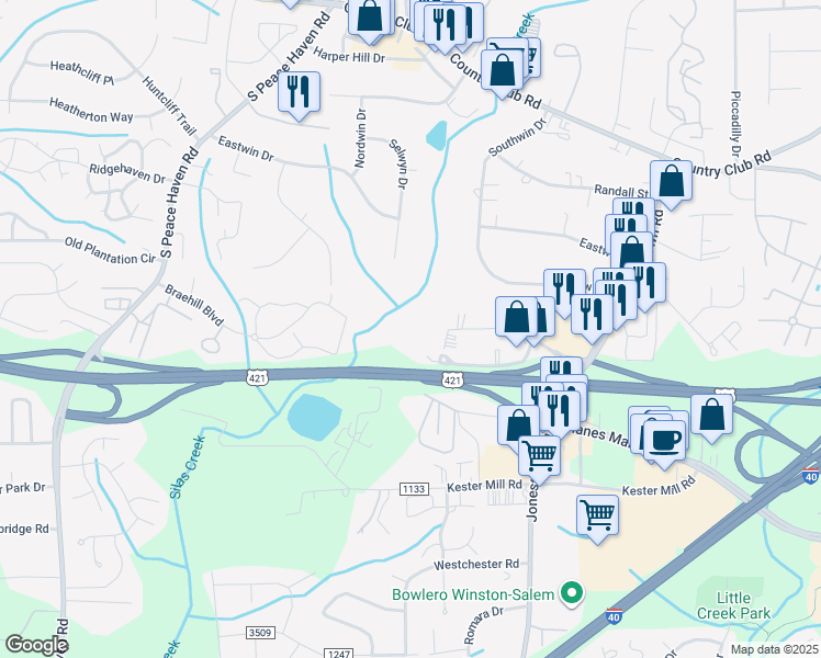 map of restaurants, bars, coffee shops, grocery stores, and more near 4790 Southwin Drive in Winston-Salem