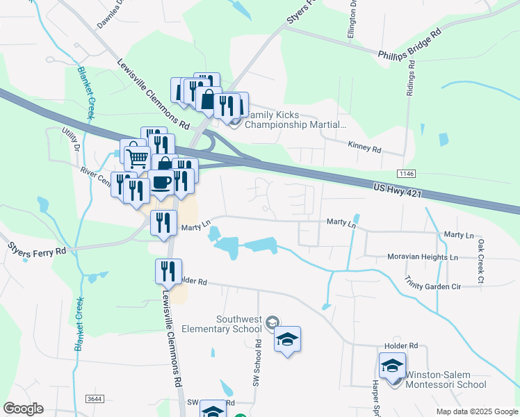 map of restaurants, bars, coffee shops, grocery stores, and more near 5924 King Charles Ct in Clemmons