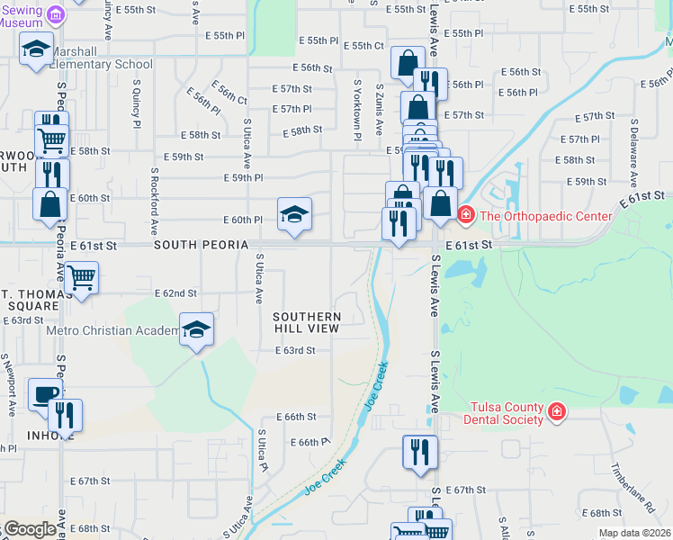 map of restaurants, bars, coffee shops, grocery stores, and more near 1327 East 61st Street in Tulsa