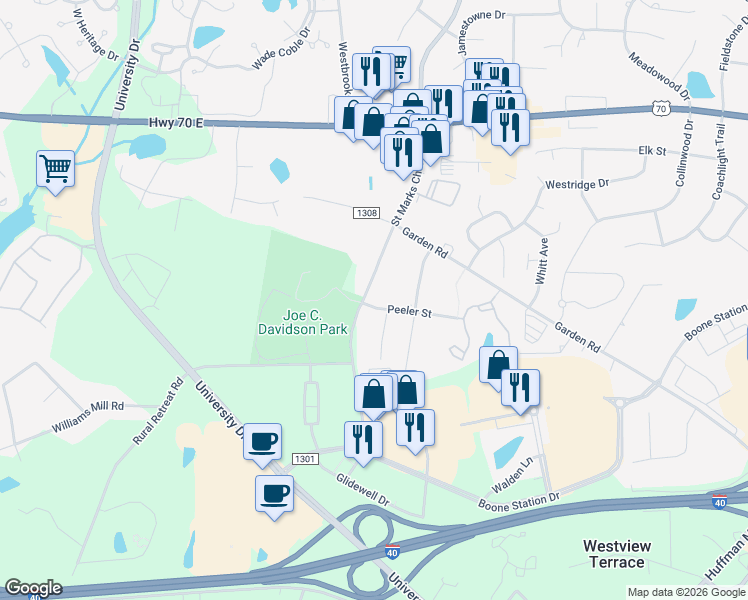 map of restaurants, bars, coffee shops, grocery stores, and more near 1230 Saint Marks Church Road in Burlington