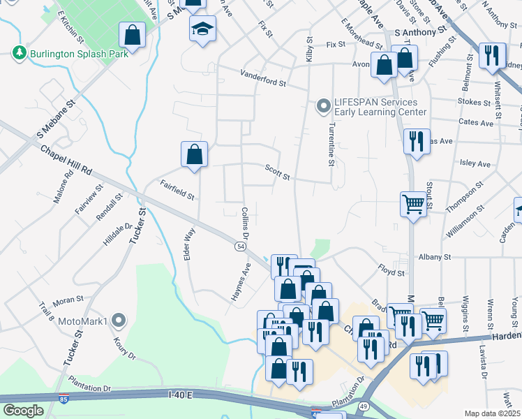 map of restaurants, bars, coffee shops, grocery stores, and more near 1414 Collins Drive in Burlington