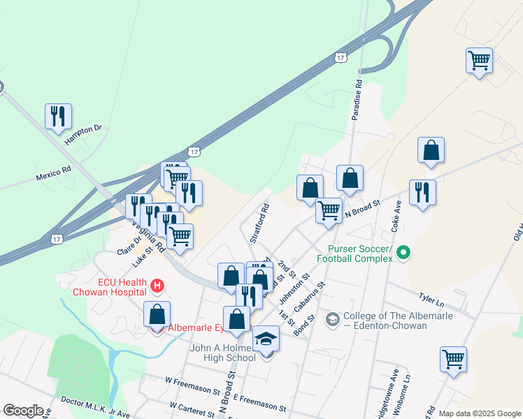 map of restaurants, bars, coffee shops, grocery stores, and more near 913 Stratford Road in Edenton
