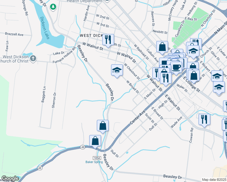 map of restaurants, bars, coffee shops, grocery stores, and more near 120 West Broad Street in Dickson