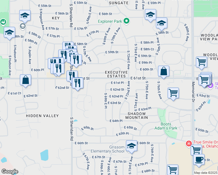 map of restaurants, bars, coffee shops, grocery stores, and more near 6102 South 69th East Place in Tulsa
