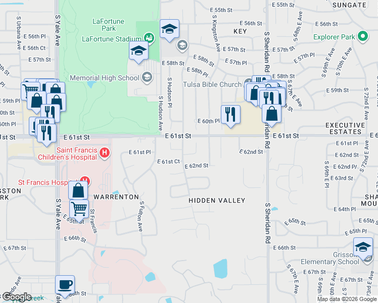 map of restaurants, bars, coffee shops, grocery stores, and more near 6105 South Irvington Avenue in Tulsa