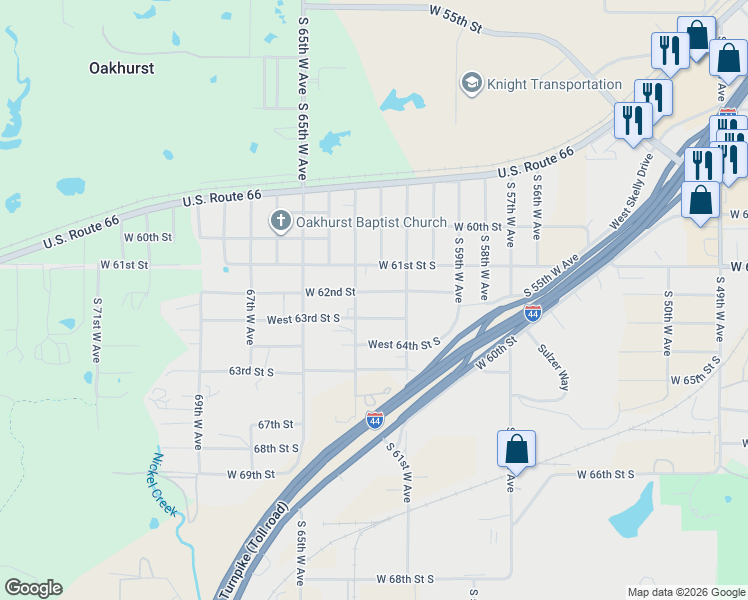 map of restaurants, bars, coffee shops, grocery stores, and more near 6215 West 62nd Street in Tulsa