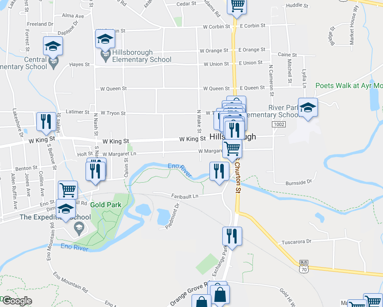 map of restaurants, bars, coffee shops, grocery stores, and more near 209 West Margaret Lane in Hillsborough