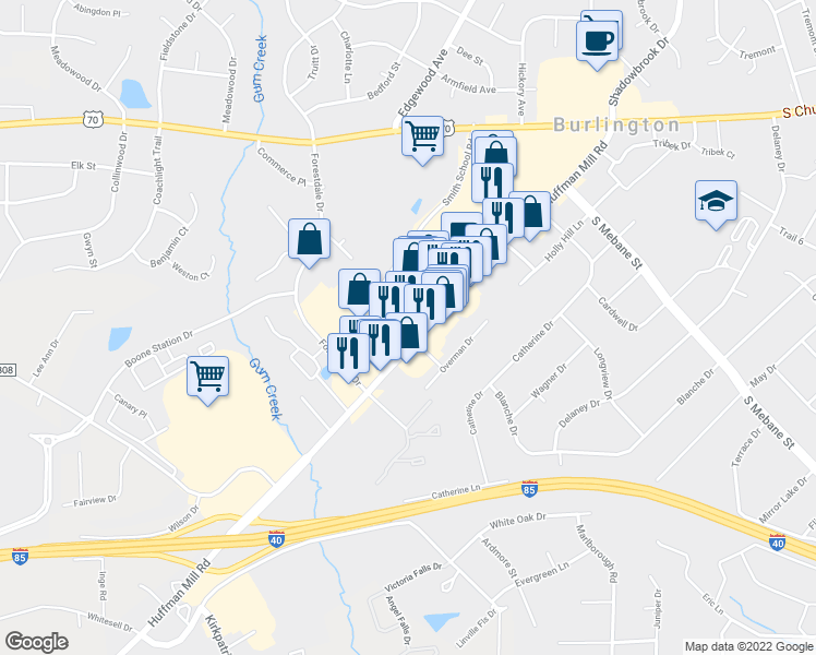 map of restaurants, bars, coffee shops, grocery stores, and more near 579 Huffman Mill Road in Burlington
