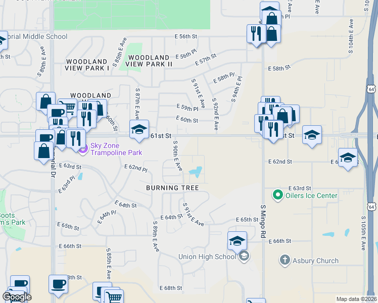 map of restaurants, bars, coffee shops, grocery stores, and more near 9025 East 62nd Street in Tulsa