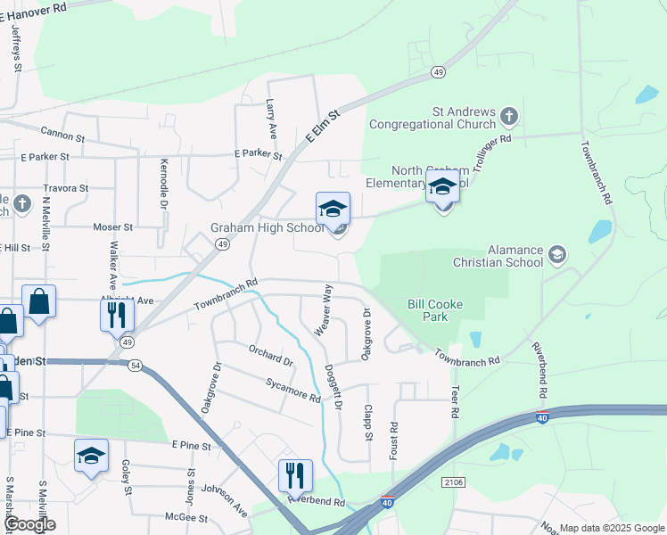 map of restaurants, bars, coffee shops, grocery stores, and more near 903 Trollinger Road in Graham