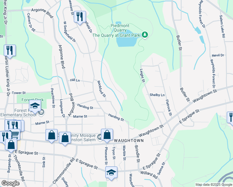 map of restaurants, bars, coffee shops, grocery stores, and more near 1623 Marble Street in Winston-Salem