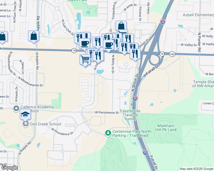 map of restaurants, bars, coffee shops, grocery stores, and more near 3314 West Jewell Road in Fayetteville