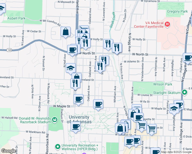map of restaurants, bars, coffee shops, grocery stores, and more near 742 North Storer Avenue in Fayetteville