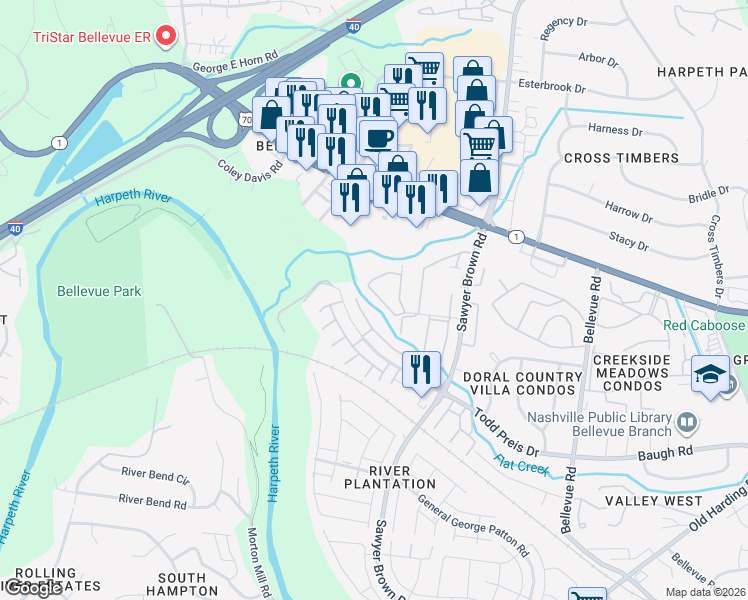 map of restaurants, bars, coffee shops, grocery stores, and more near 505 Plantation Court in Nashville