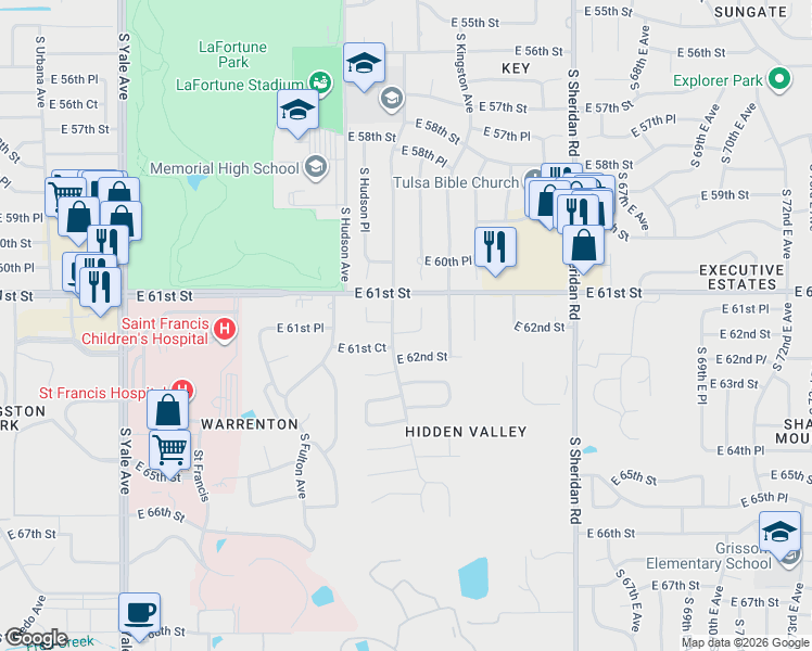 map of restaurants, bars, coffee shops, grocery stores, and more near 6105 South Irvington Avenue in Tulsa