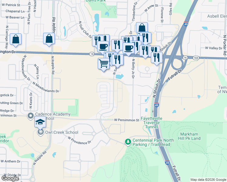 map of restaurants, bars, coffee shops, grocery stores, and more near 707 North Salem Road in Fayetteville