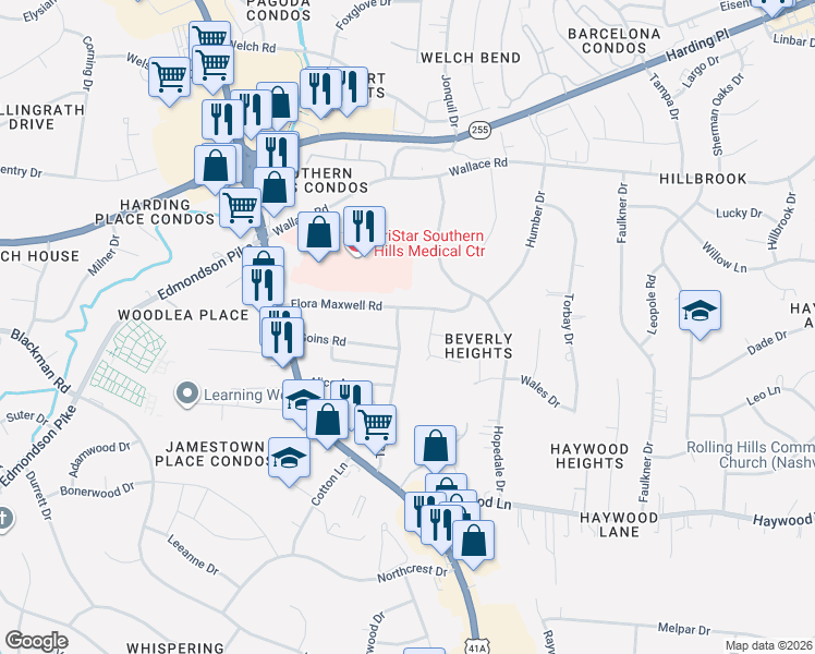 map of restaurants, bars, coffee shops, grocery stores, and more near 305 Flora Maxwell Road in Nashville