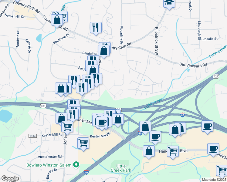 map of restaurants, bars, coffee shops, grocery stores, and more near 997 Mar-Don Drive in Winston-Salem
