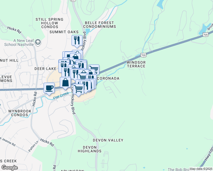 map of restaurants, bars, coffee shops, grocery stores, and more near 108 Holly Forest in Nashville