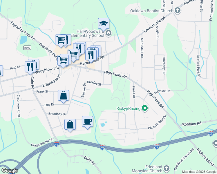map of restaurants, bars, coffee shops, grocery stores, and more near 3140 Iris Street in Winston-Salem