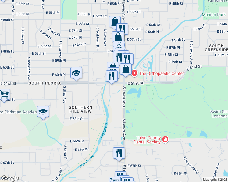 map of restaurants, bars, coffee shops, grocery stores, and more near 2208 East 61st Street in Tulsa