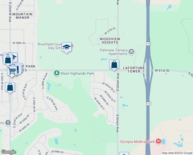 map of restaurants, bars, coffee shops, grocery stores, and more near 1923 West 61st Place South in Tulsa