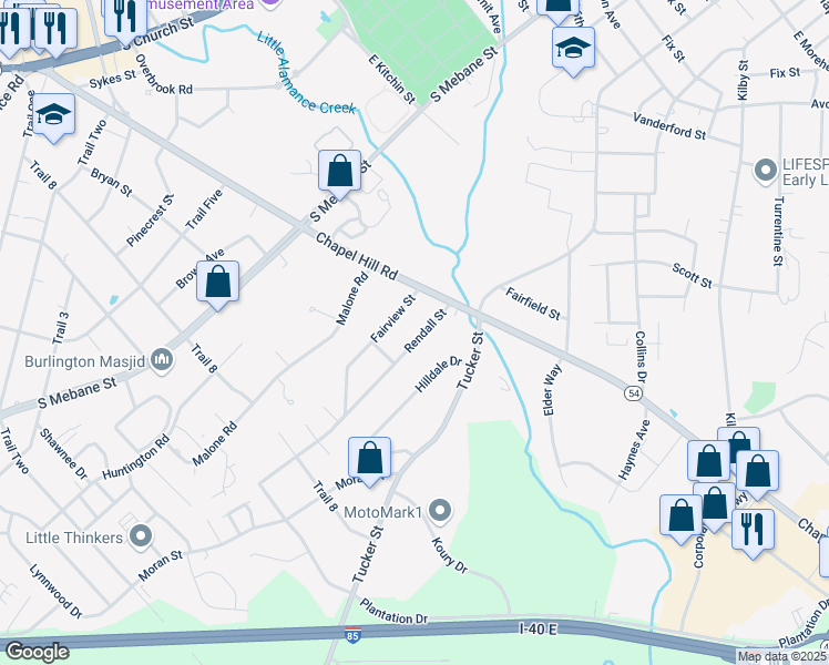 map of restaurants, bars, coffee shops, grocery stores, and more near 1703 Rendall Street in Burlington