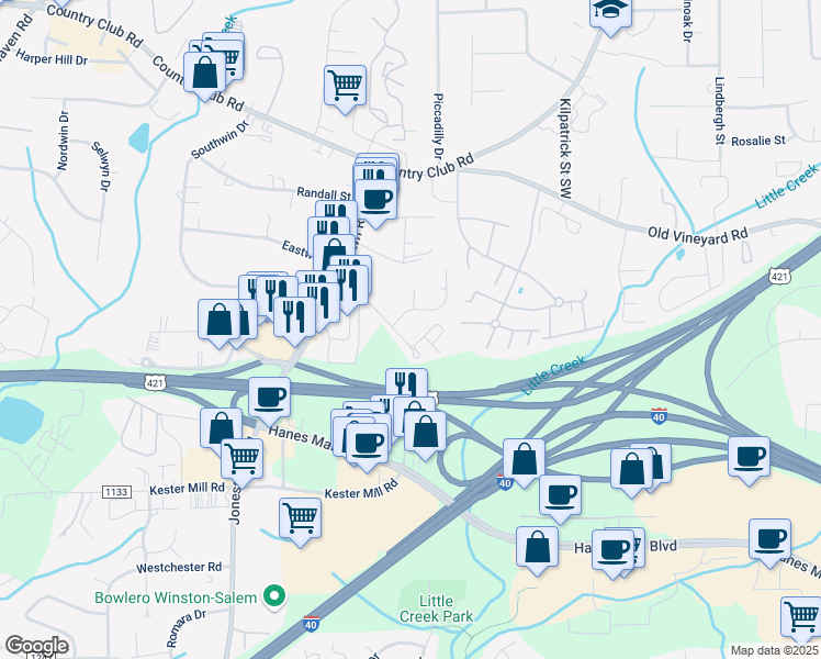 map of restaurants, bars, coffee shops, grocery stores, and more near 997 Mar-Don Drive in Winston-Salem