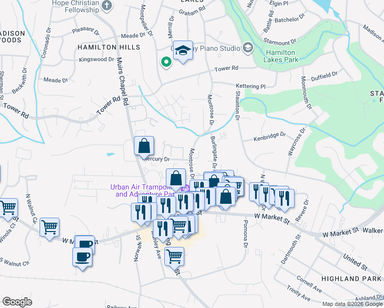 map of restaurants, bars, coffee shops, grocery stores, and more near 315 Montrose Drive in Greensboro