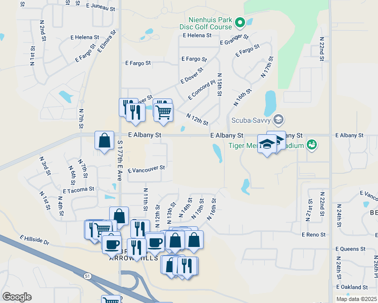 map of restaurants, bars, coffee shops, grocery stores, and more near 1301 East Albany Street in Broken Arrow