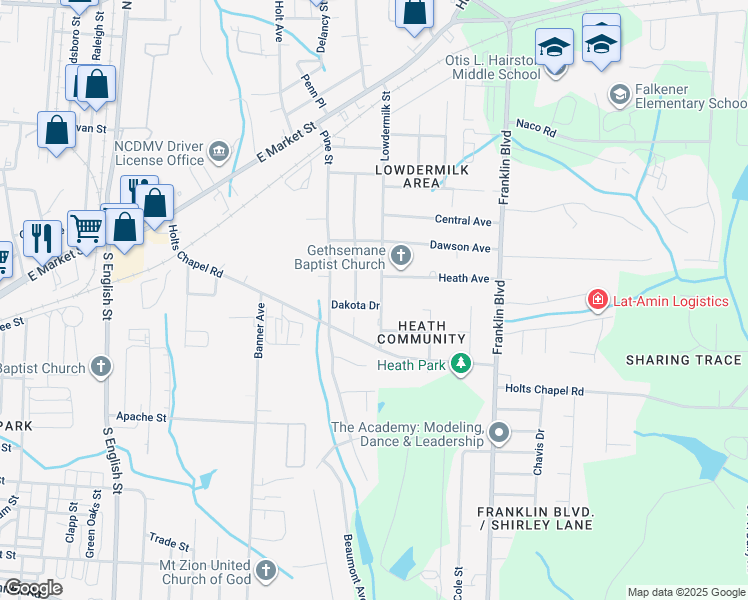 map of restaurants, bars, coffee shops, grocery stores, and more near in Greensboro