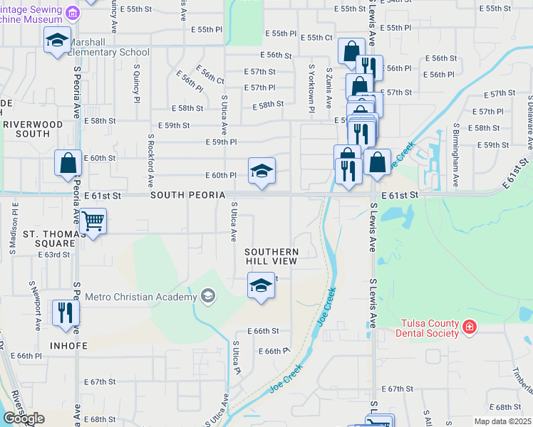map of restaurants, bars, coffee shops, grocery stores, and more near 1770 East 61st Street in Tulsa
