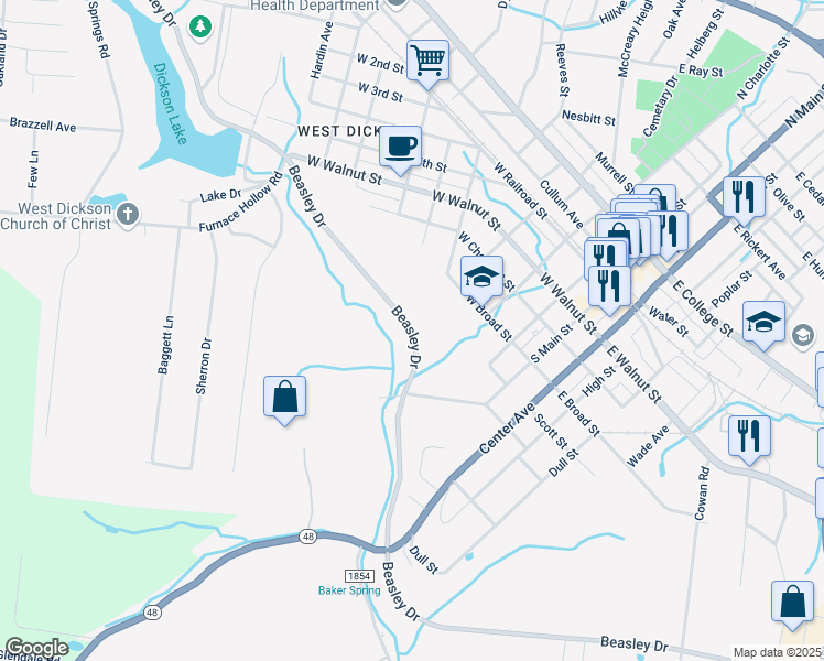 map of restaurants, bars, coffee shops, grocery stores, and more near Beasley Drive in Dickson