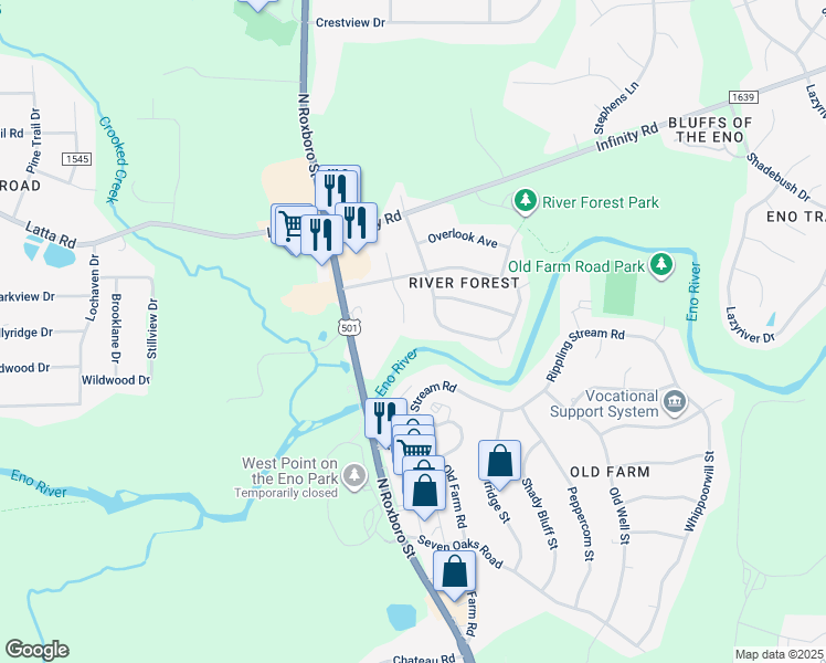 map of restaurants, bars, coffee shops, grocery stores, and more near 4800 South Singing Woods Place in Durham