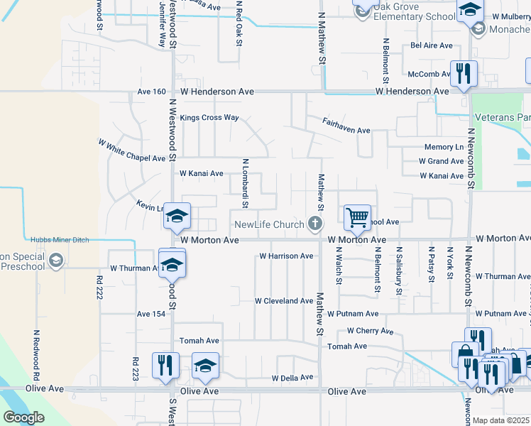 map of restaurants, bars, coffee shops, grocery stores, and more near 2161 West Aurora Avenue in Porterville