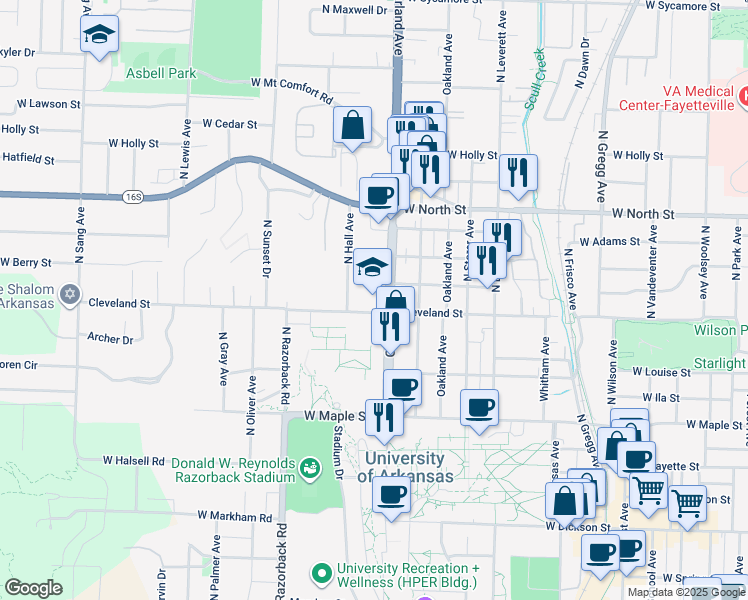 map of restaurants, bars, coffee shops, grocery stores, and more near 1124 Cleveland Street in Fayetteville