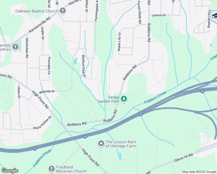 map of restaurants, bars, coffee shops, grocery stores, and more near 3436 Tinley Park Drive in Winston-Salem