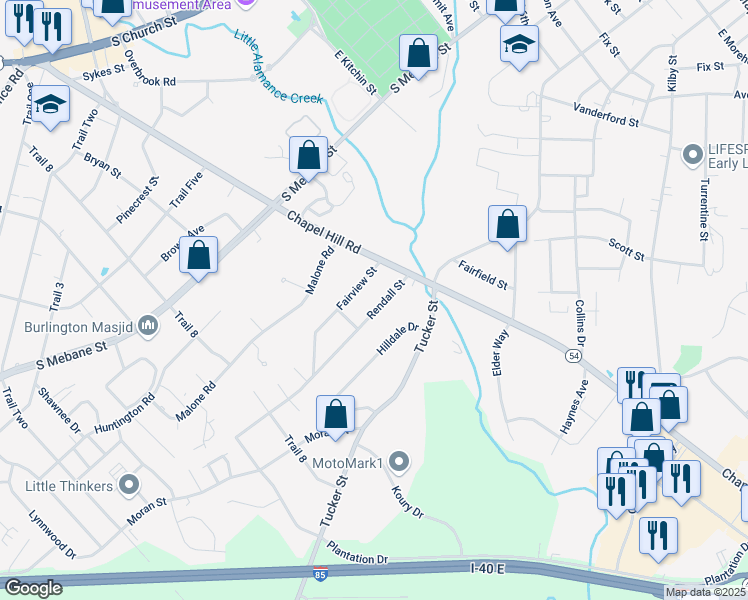 map of restaurants, bars, coffee shops, grocery stores, and more near 1703 Rendall Street in Burlington