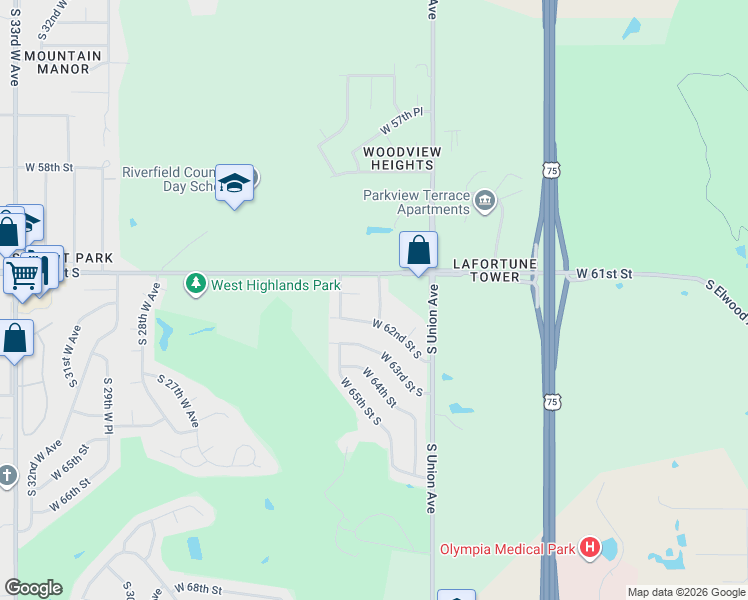 map of restaurants, bars, coffee shops, grocery stores, and more near 6101 South Waco Avenue in Tulsa