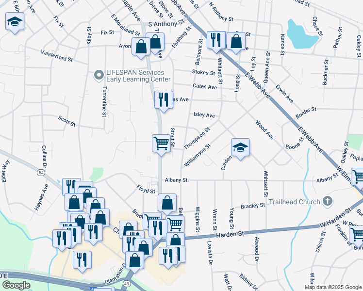 map of restaurants, bars, coffee shops, grocery stores, and more near 1723 Belmont Street in Burlington