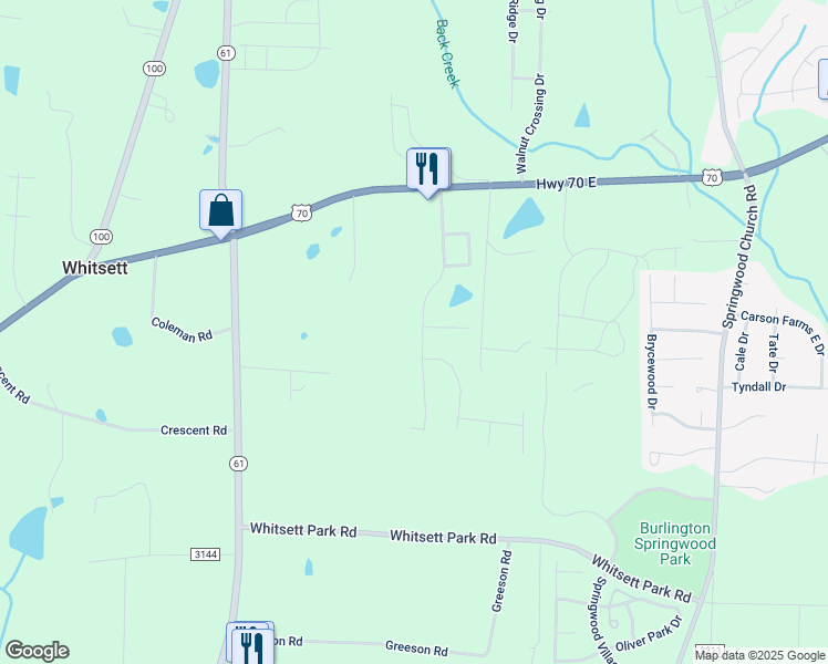 map of restaurants, bars, coffee shops, grocery stores, and more near 134 Cape Fear Drive in Whitsett